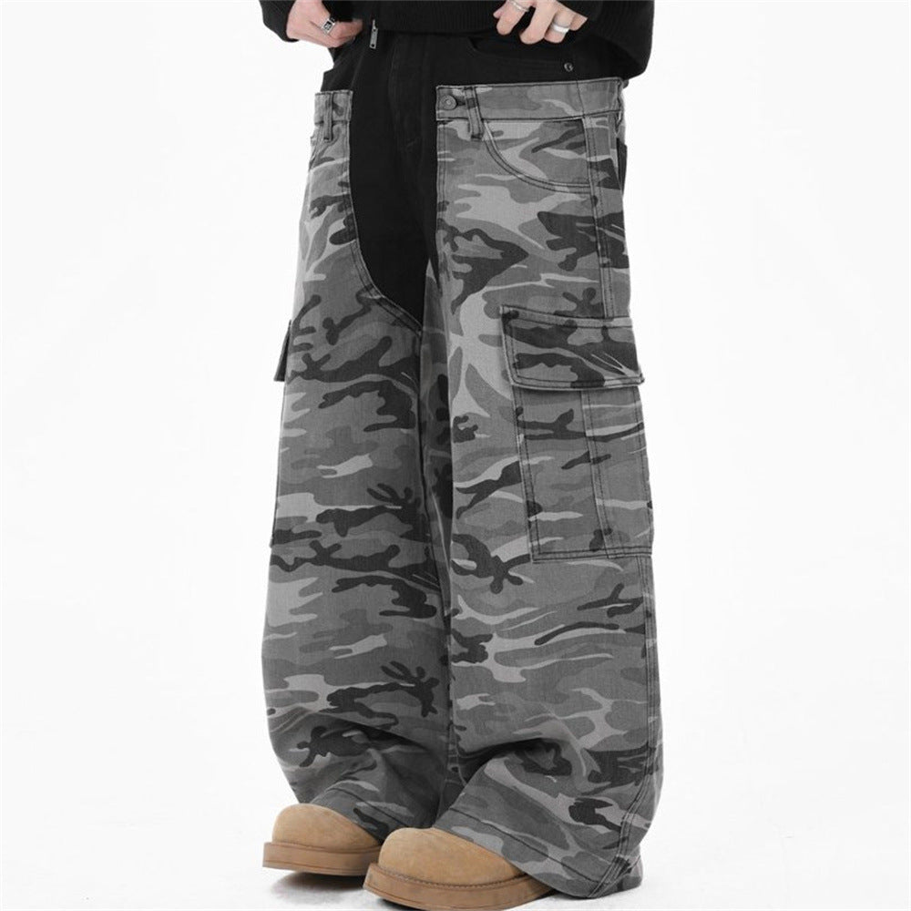 Men's Camo Cargo Pants – Faux Two-Piece Baggy Wide-Leg Denim