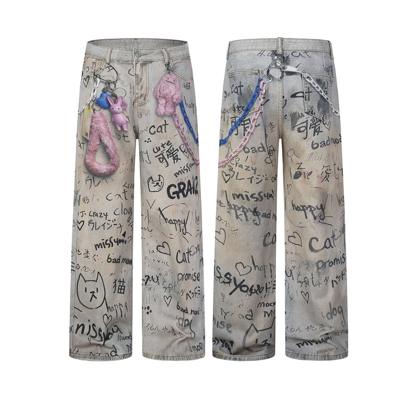 Wide-Leg-Jeans mit Graffiti-Print, Schlüsselanhänger-Anhängern und Deko-Ketten