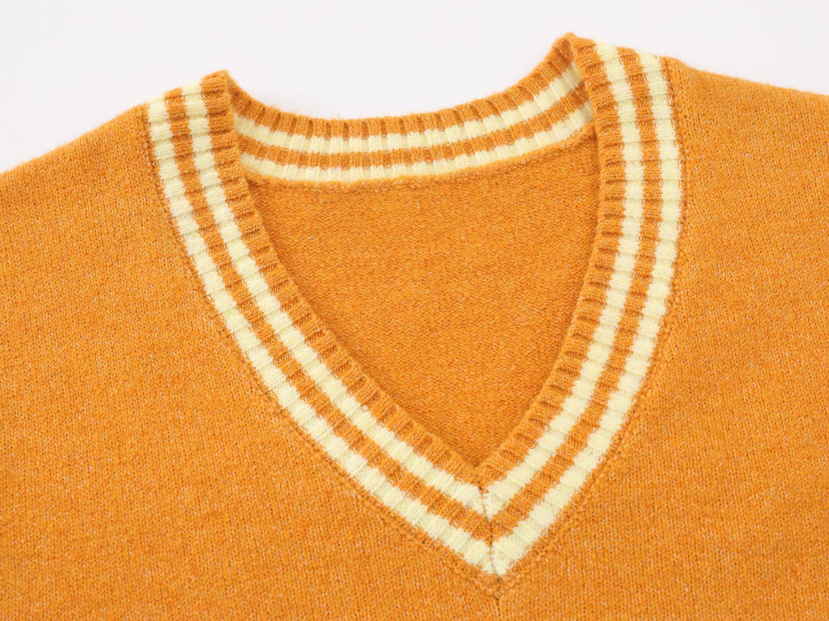 Cartoon Dog Knit Sweater Vest V-Neck Collegiate Stripe Sleeveless Pullover