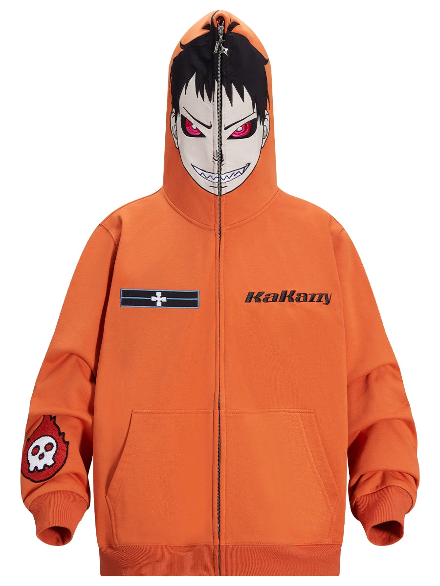 Fire Force Inspired Orange Zip-Up Hoodie - 400GSM Oversized Anime Streetwear