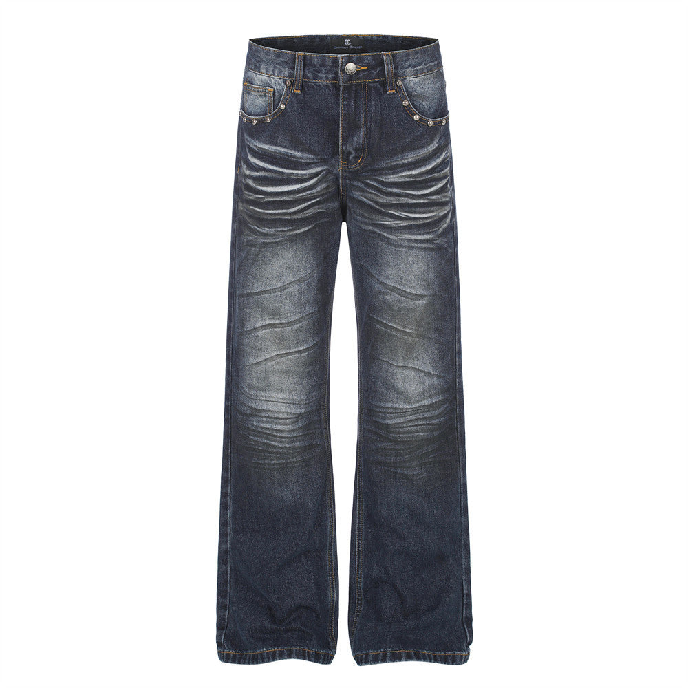 Men's dark washed distressed straight-leg jeans with Union Jack back pocket print and stud-accented front pockets