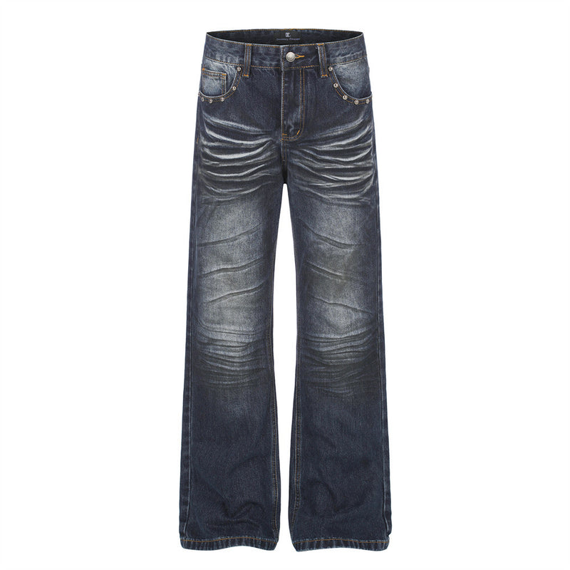 Men's dark washed distressed straight-leg jeans with Union Jack back pocket print and stud-accented front pockets
