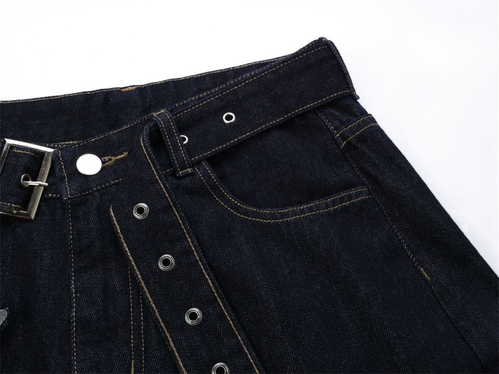 Wide-Leg Dark Indigo Jeans – Oversized Silhouette with Star Charm Belt &