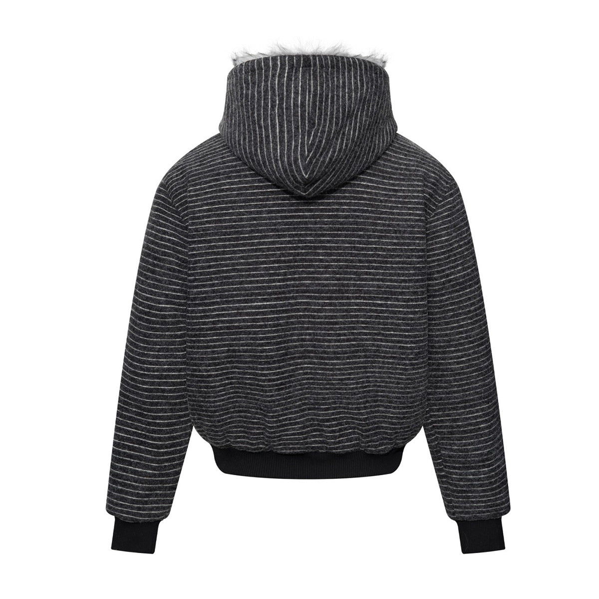 Striped Faux-Fur Hooded Zip-Up Bomber Jacket with Military Button Placket