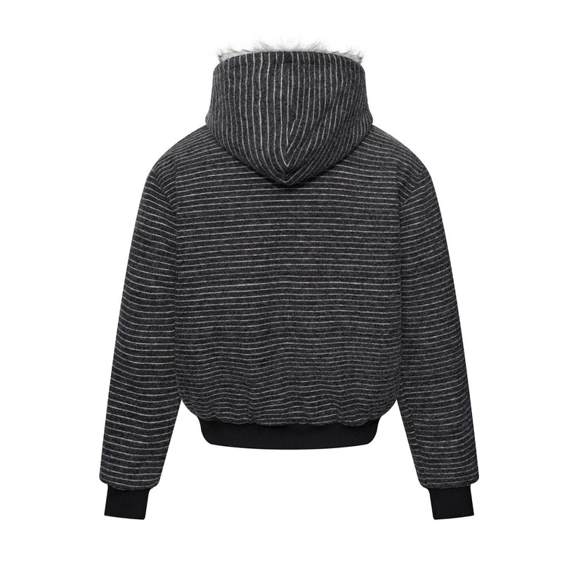 Striped Faux-Fur Hooded Zip-Up Bomber Jacket with Military Button Placket