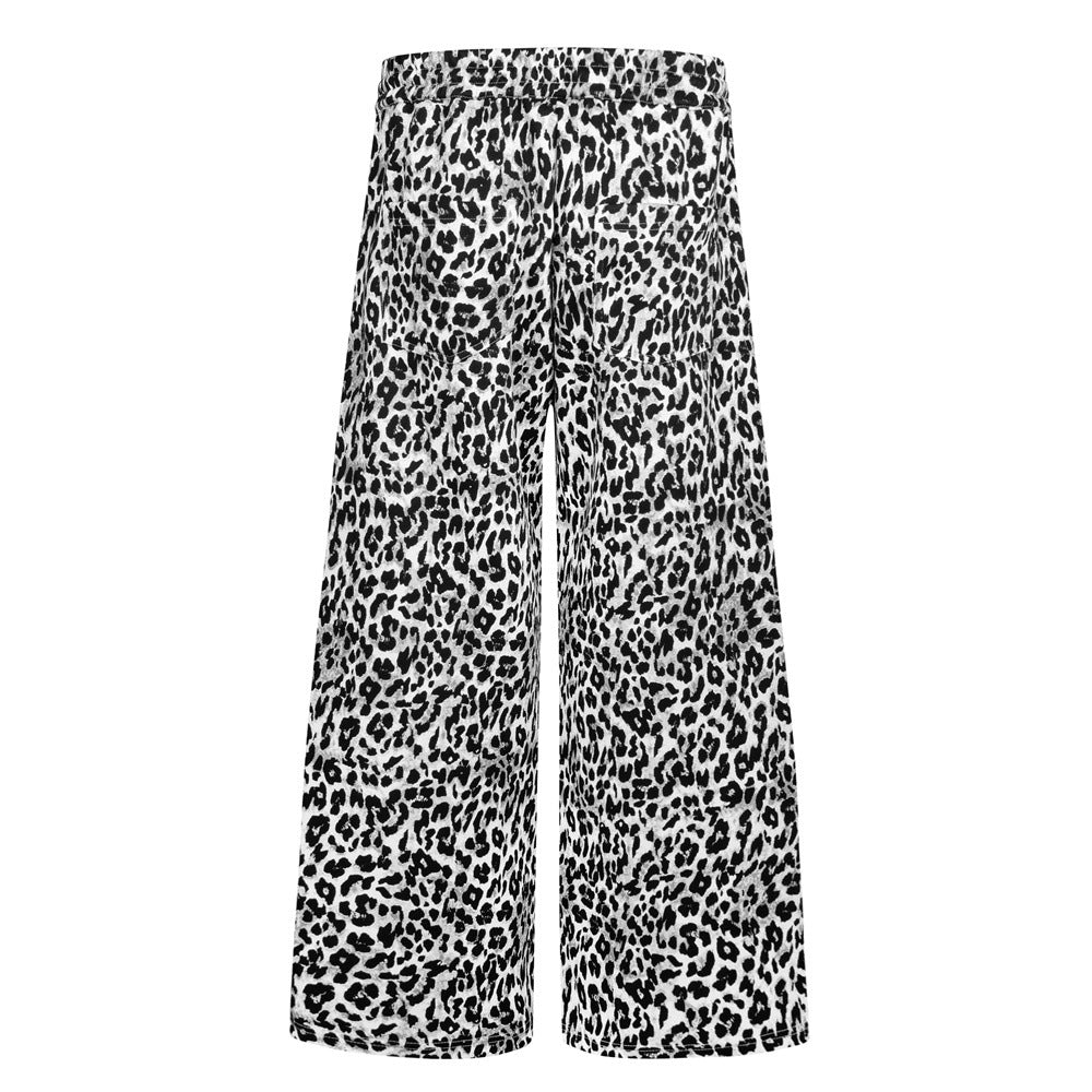 Pantalon de survêtement homme à jambes larges, imprimé léopard – Coupe décontractée avec cordon