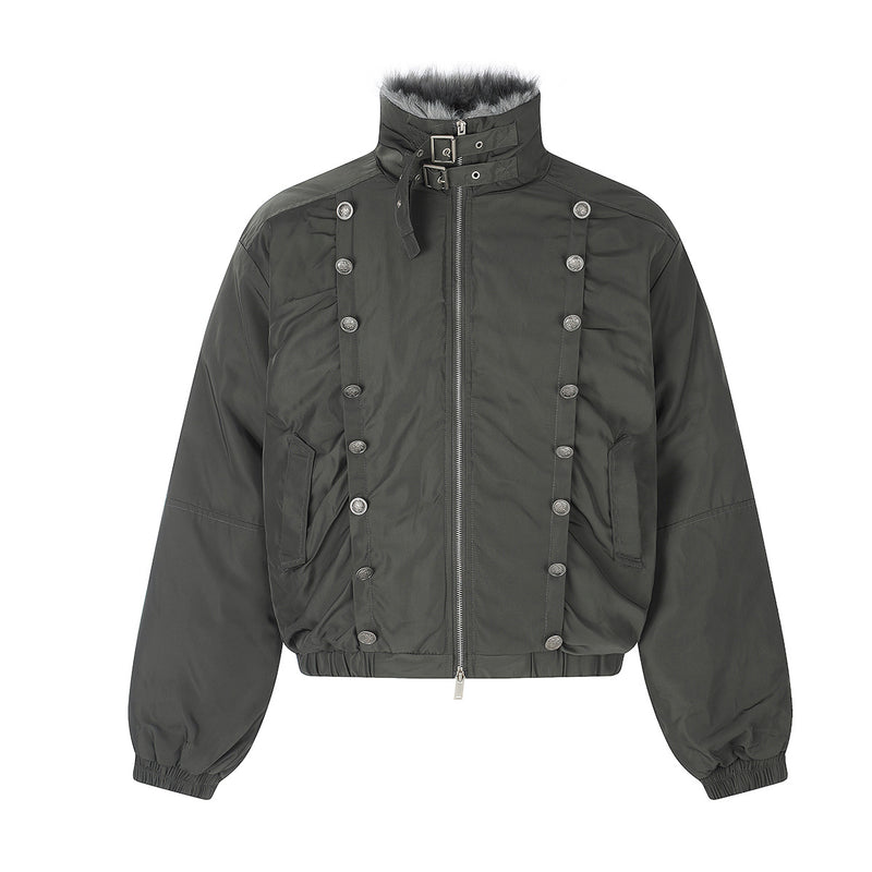 Military Napoleon Button Padded Jacket with Faux Fur Collar