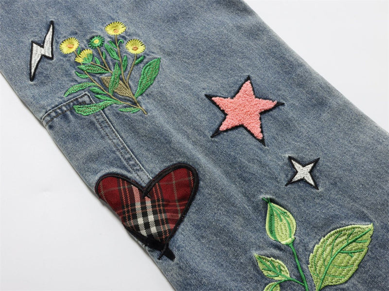 Wide-Leg Jeans with Embroidered Patches – Stars, Butterflies & Roses on Washed