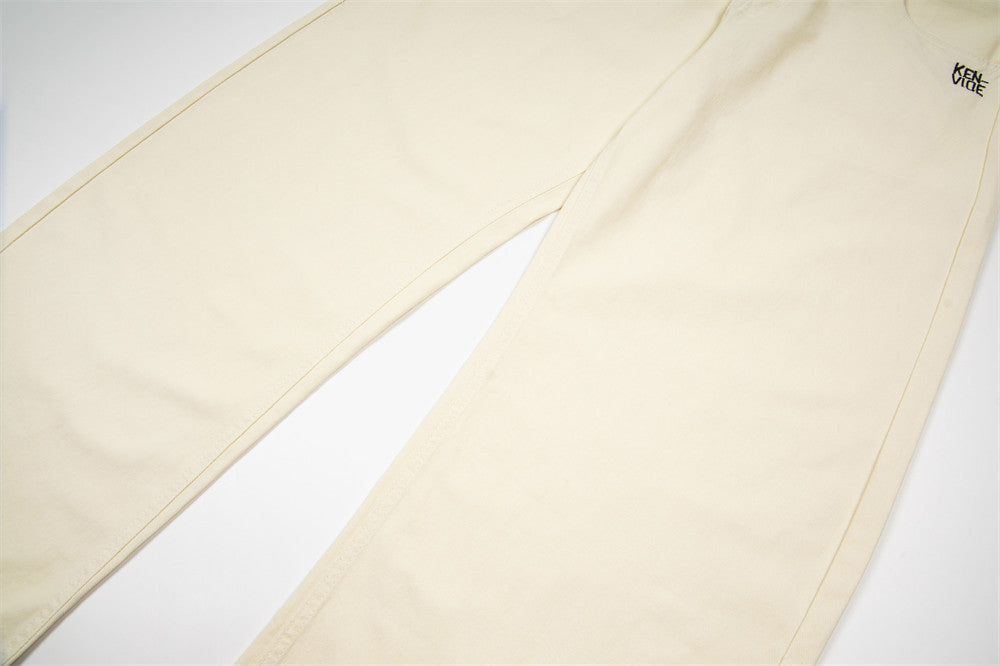 Wide-Leg Jeans with Letter Embroidery & Logo Waistband — Off White