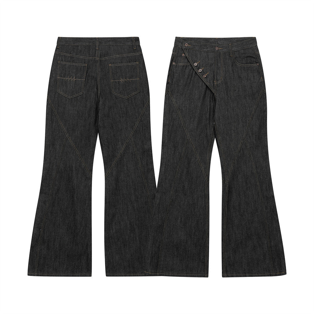 Dark raw denim wide leg flare jeans with diagonal button fly and geometric panel stitching, front and back view