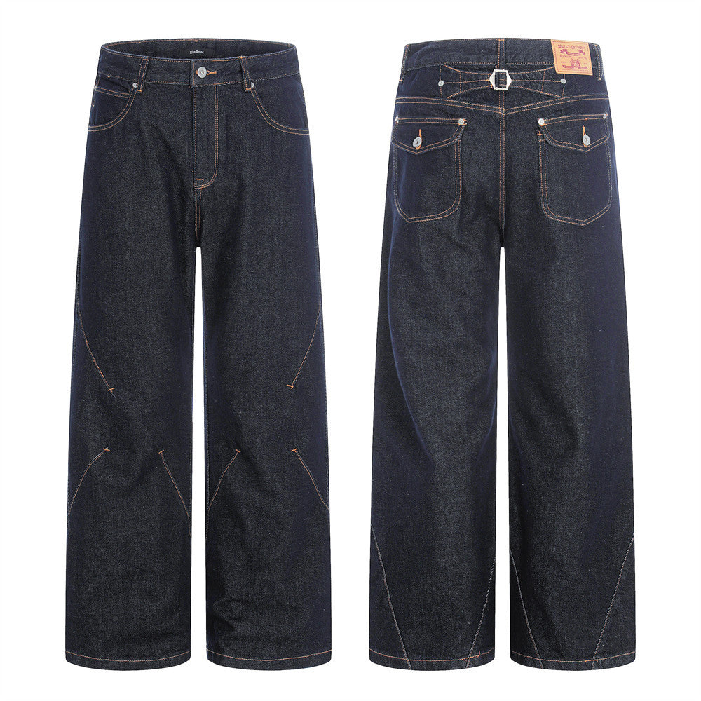 Wide-Leg Raw Denim Jeans – High Street Diagonal Seam Detail