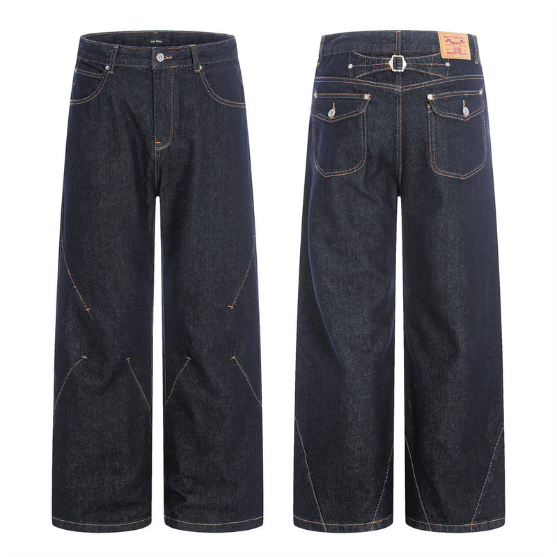Wide-Leg Raw Denim Jeans – High Street Diagonal Seam Detail