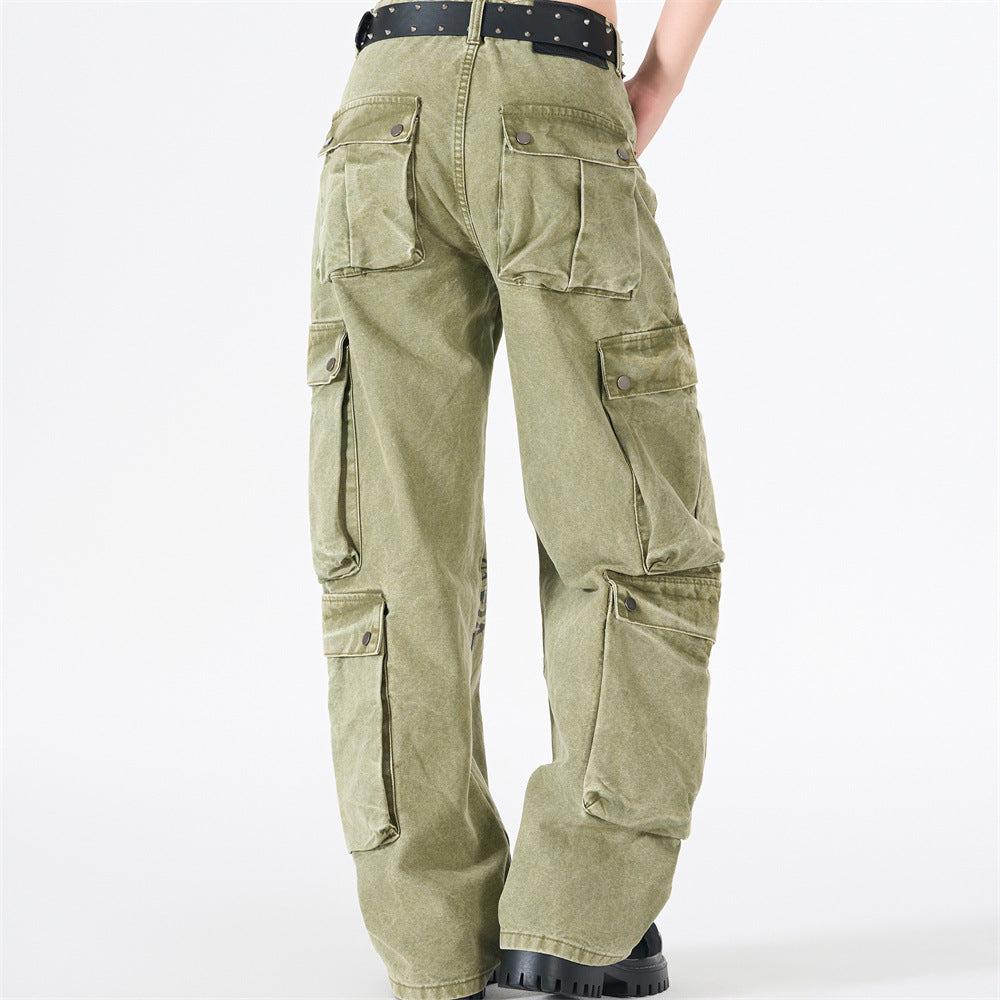 Wide-Leg Cargo Pants with Tribal Graphic & Letter Print – Acid Wash Army Green