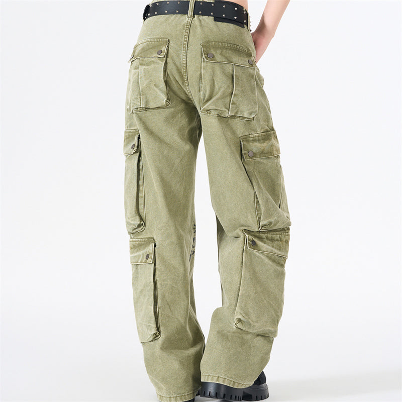 Wide-Leg Cargo Pants with Tribal Graphic & Letter Print – Acid Wash Army Green