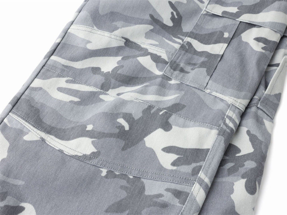 Mens Baggy Cargo Jeans Wide Leg White Camo Pants