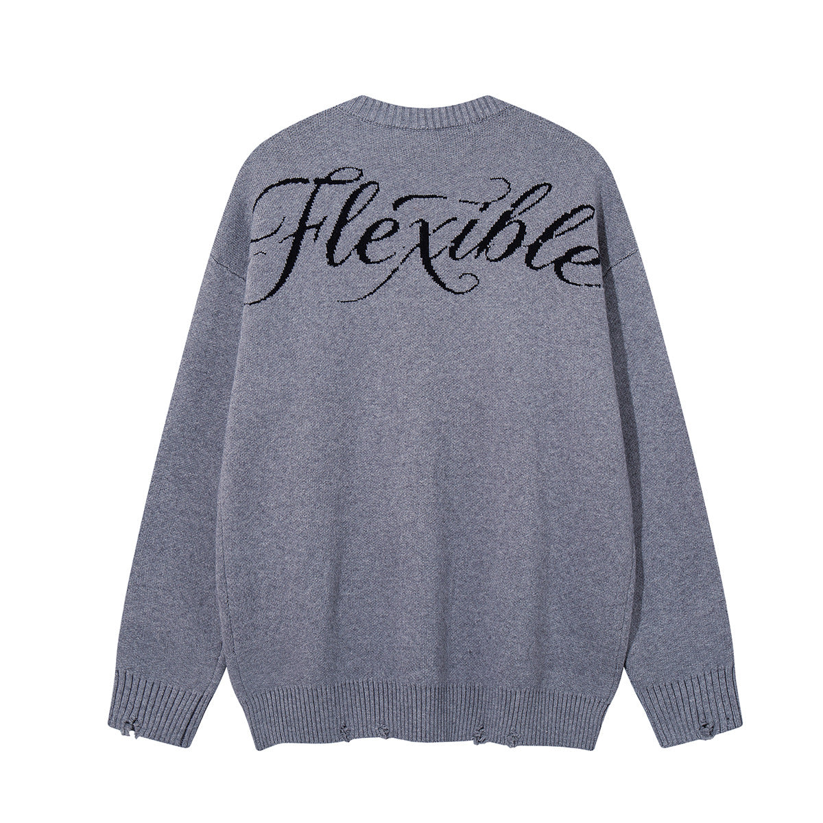 Cat Jacquard Knit Crewneck Sweater – Distressed Hem, Oversized Fit