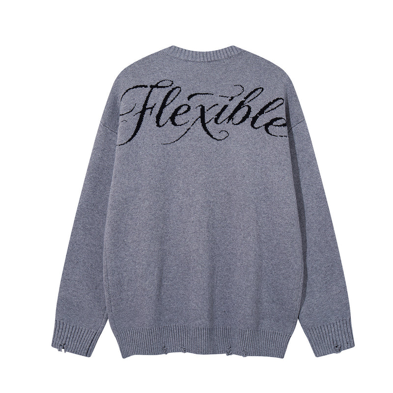 Cat Jacquard Knit Crewneck Sweater – Distressed Hem, Oversized Fit