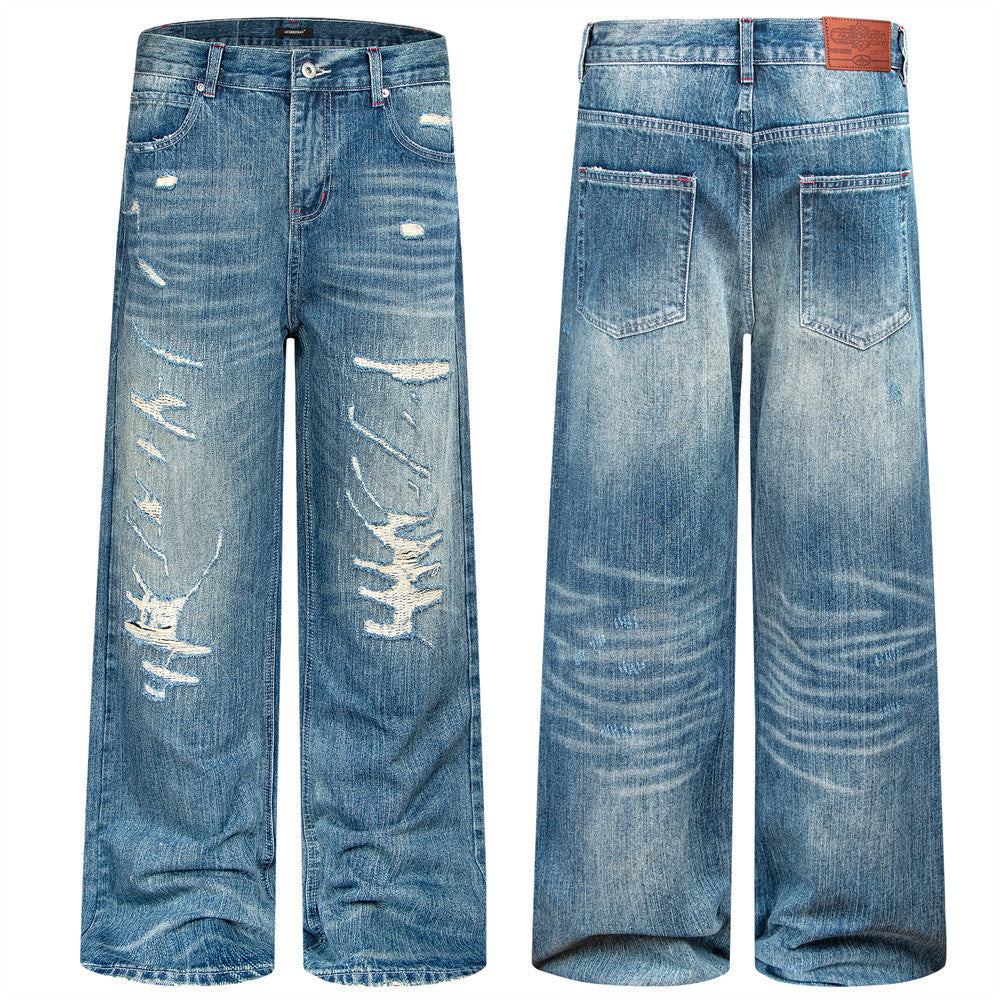 Wide-Leg Distressed Jeans – Men's Washed Blue Baggy Straight Denim
