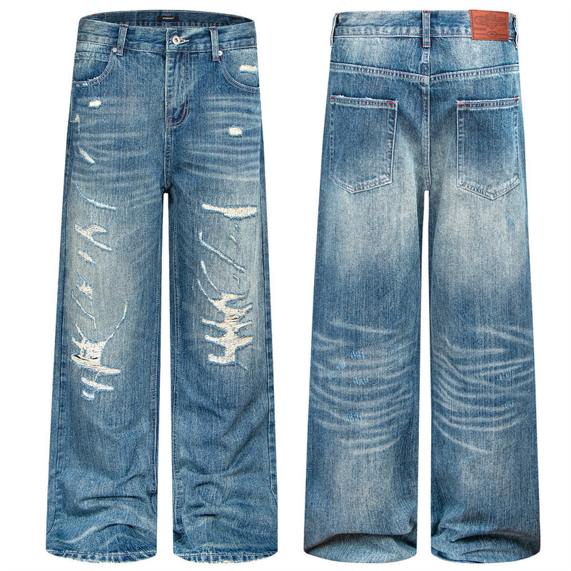 Wide-Leg Distressed Jeans – Men's Washed Blue Baggy Straight Denim