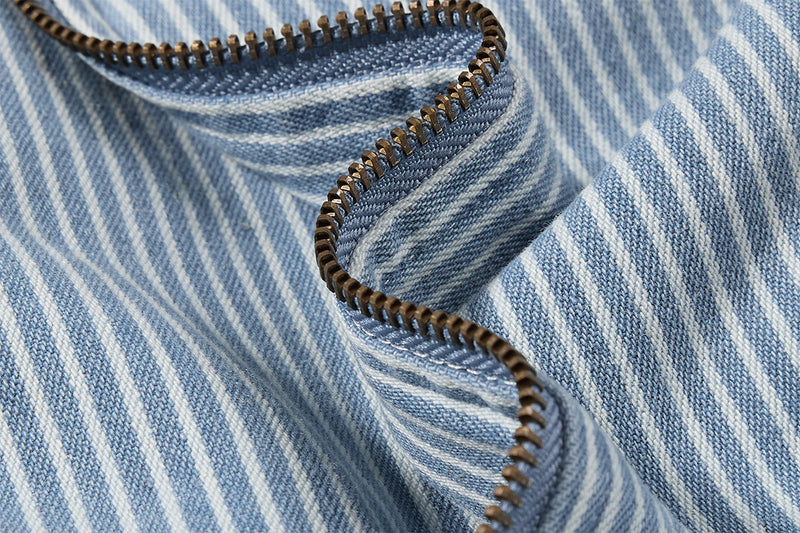 Striped Denim Bomber Jacket Stand Collar Embroidered Retro Boxy Fit