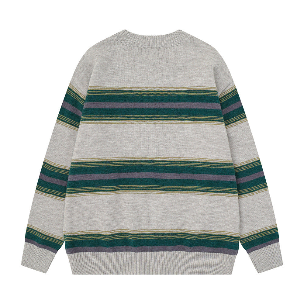 Striped Crew Neck Sweater – Relaxed Fit Color-Block Knit Pullover