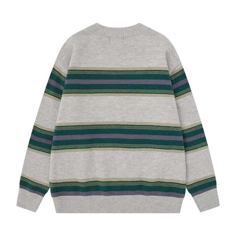 Striped Crew Neck Sweater – Relaxed Fit Color-Block Knit Pullover