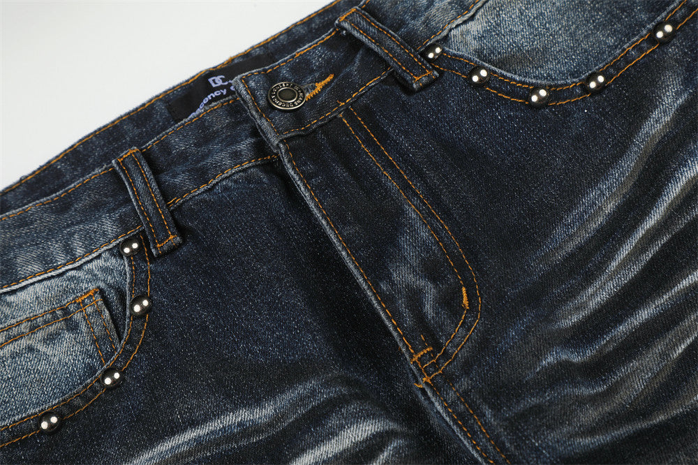 Men's Washed Distressed Straight-Leg Jeans with Union Jack Back Pockets