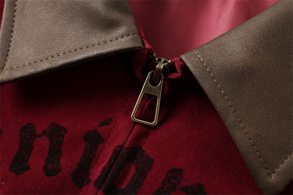 Velvet Zip-Up Jacket – Vintage Cross & Figure Print, Contrast Collar