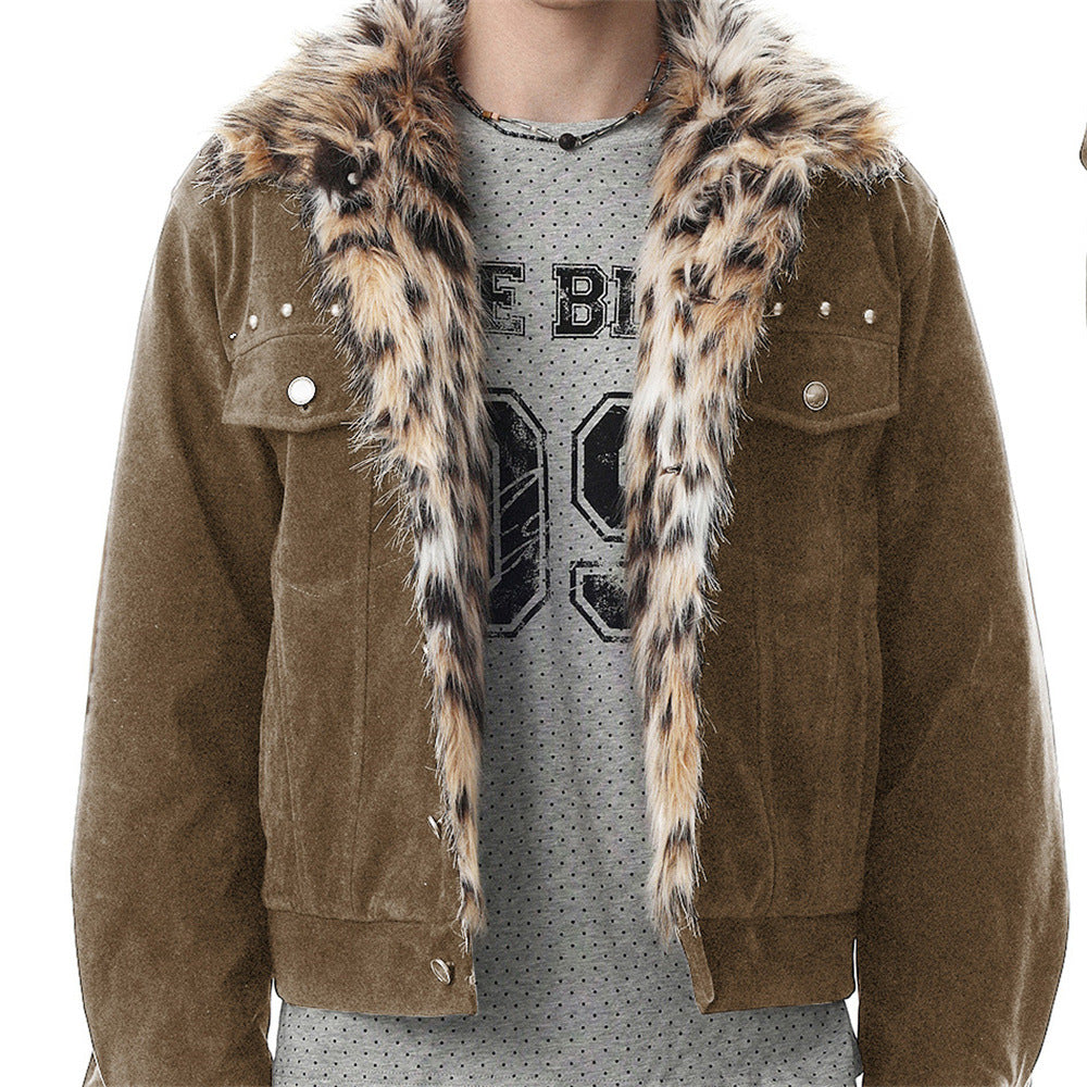 Men's Winter Jacket Faux Fur Collar Studded Snap-Button Coat