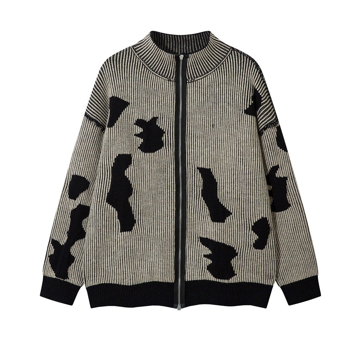 Distressed Knit Zip-Up Cardigan Jacket – Reversible Ribbed Sweater Coat