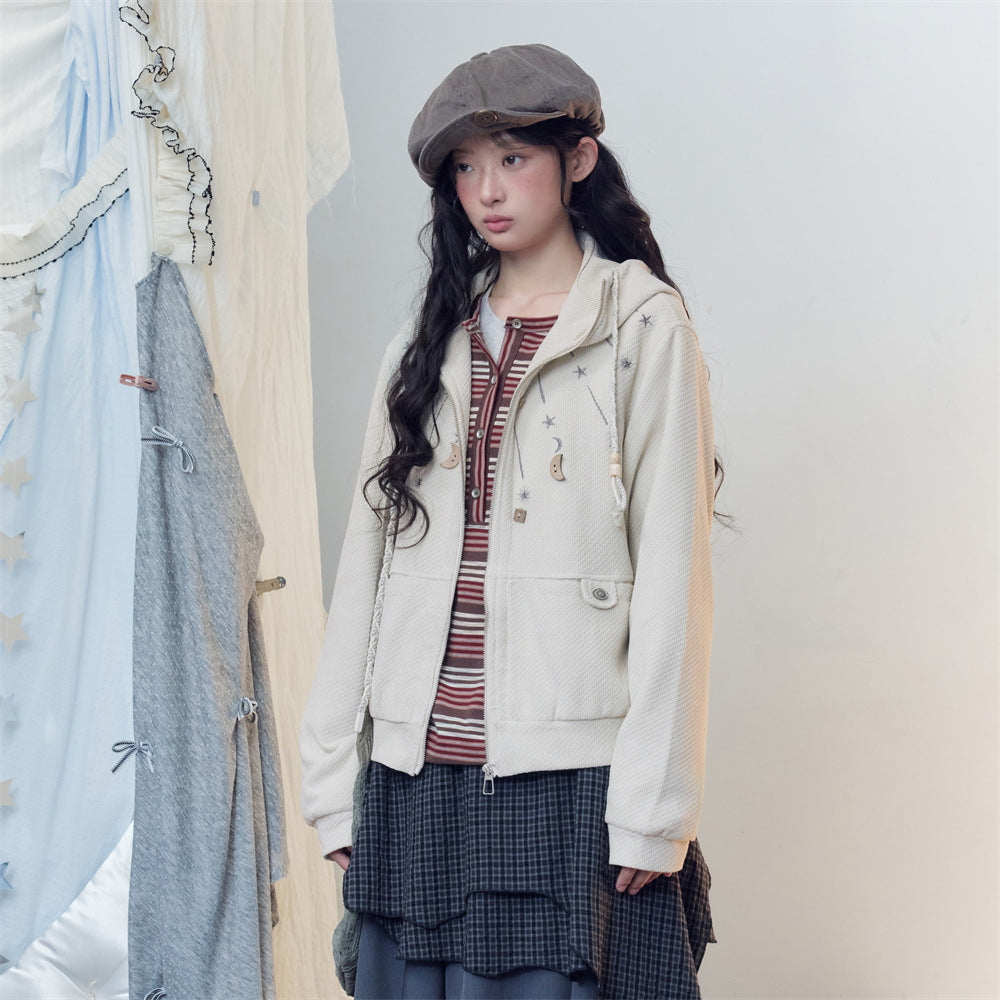 Celestial Embroidered Zip-Up Hoodie – Waffle Knit Oversized Jacket with Moon &