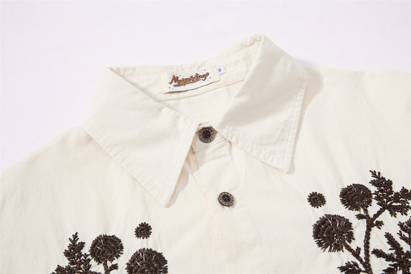 Floral Embroidered Oversized Long-Sleeve Button-Up Shirt