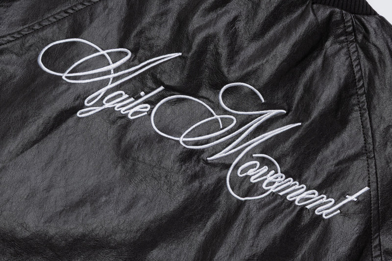 Blouson bomber en similicuir PU brodé – Style vintage racing et flight américain