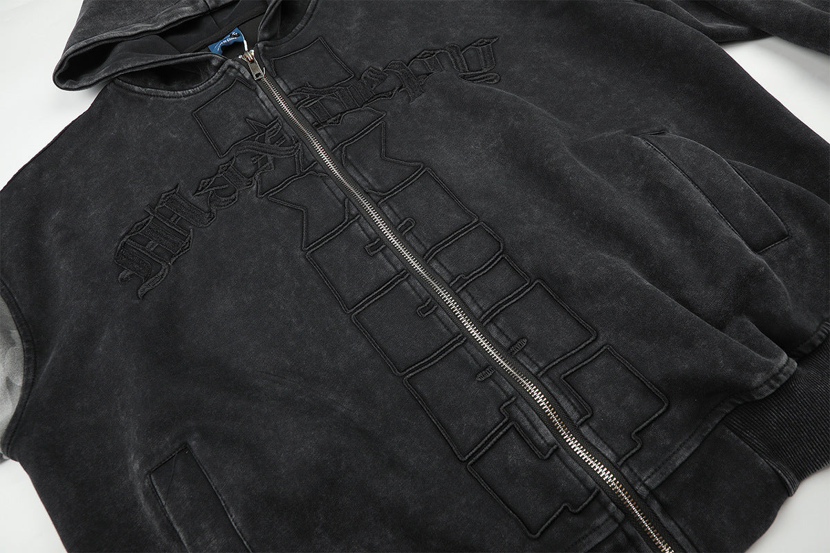 Sudadera con capucha y cremallera de lavado ácido con paneles de camuflaje – Chaqueta streetwear oversize con cruz