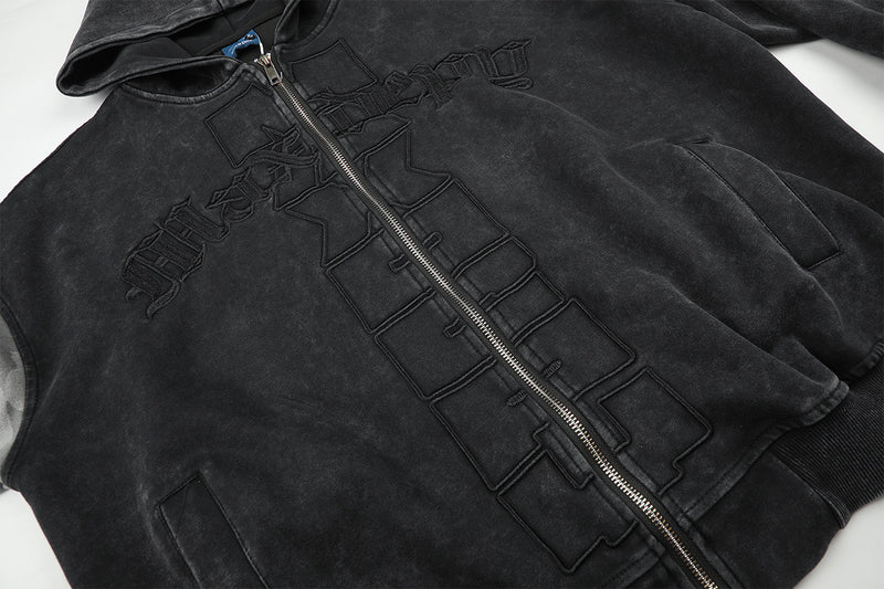 Sudadera con capucha y cremallera de lavado ácido con paneles de camuflaje – Chaqueta streetwear oversize con cruz