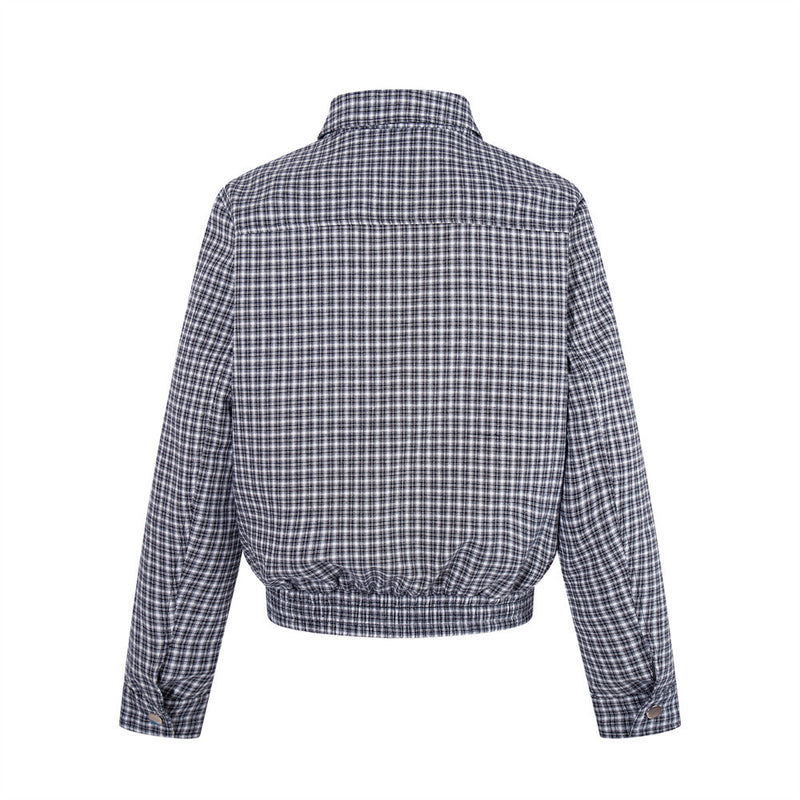 Plaid Zip-Up Bomber Jacket – Relaxed Fit Spread Collar Short Outerwear