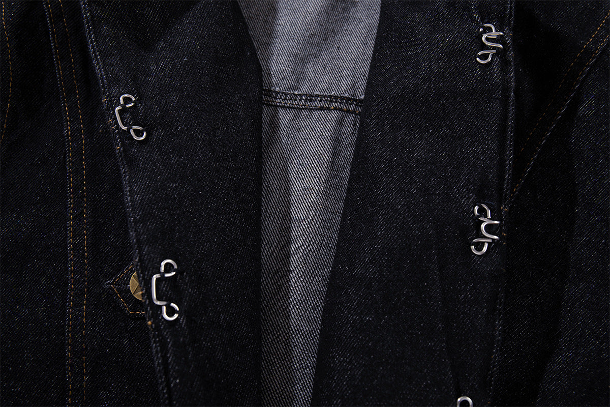 Military-Style Denim Jacket with Napoleon Stand Collar and Gold Star Buttons