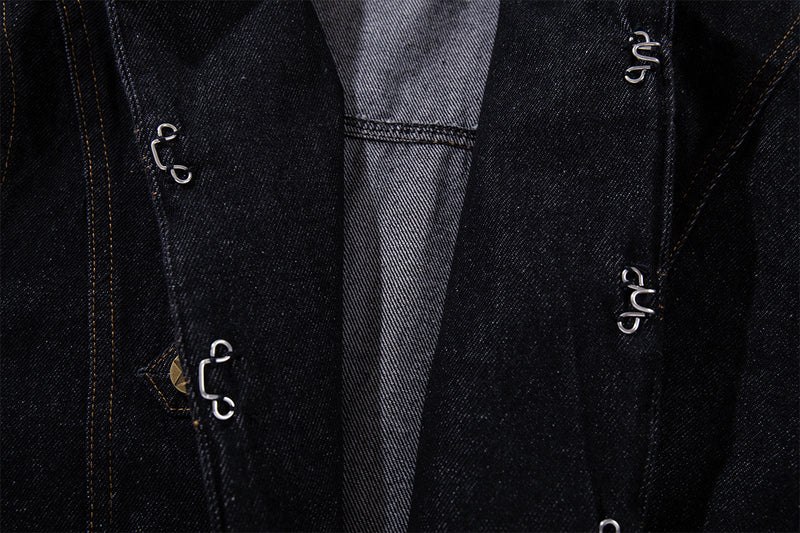 Military-Style Denim Jacket with Napoleon Stand Collar and Gold Star Buttons
