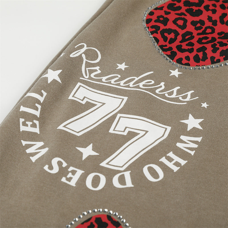 Wide-Leg Sweatpants with Leopard Print Rhinestone Hearts & Varsity Graphic