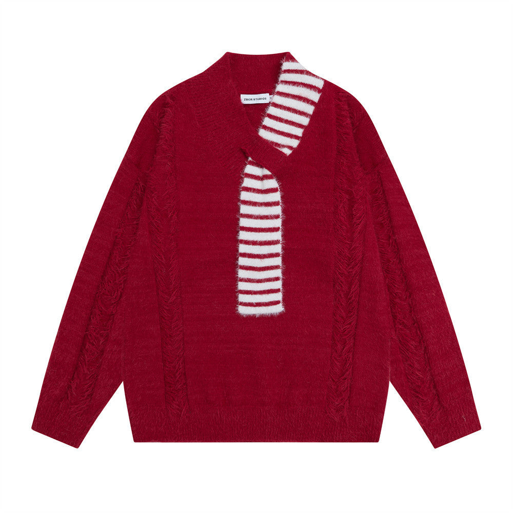 V-Neck Oversized Knit Sweater with Striped Scarf Detail