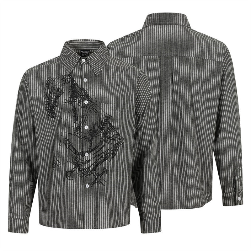 Herren-Longsleeve mit Nadelstreifen und abstrakter Figurenstickerei