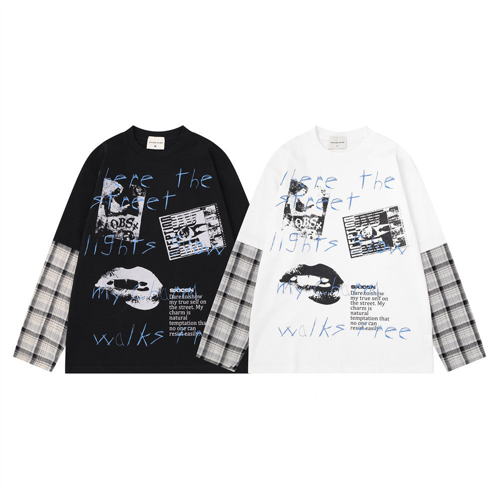 Plaid Splice Long Sleeve Graphic T-Shirt – Faux Two-Piece Streetwear Top