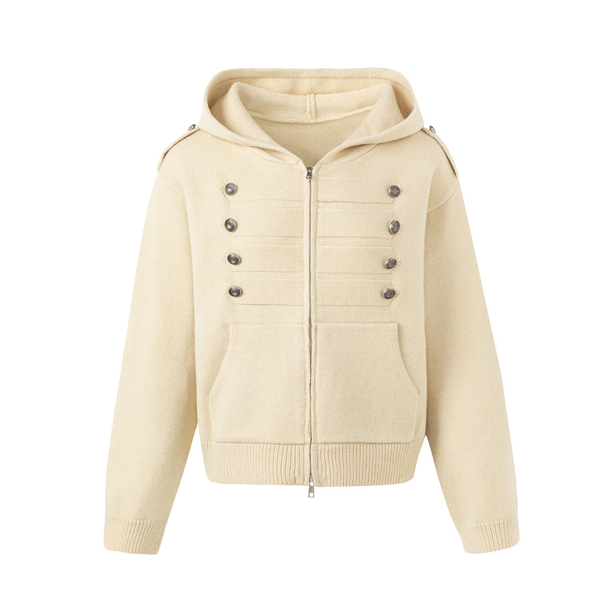 Napoleon Double-Breasted Knit Zip-Up Hoodie with Metal Buttons