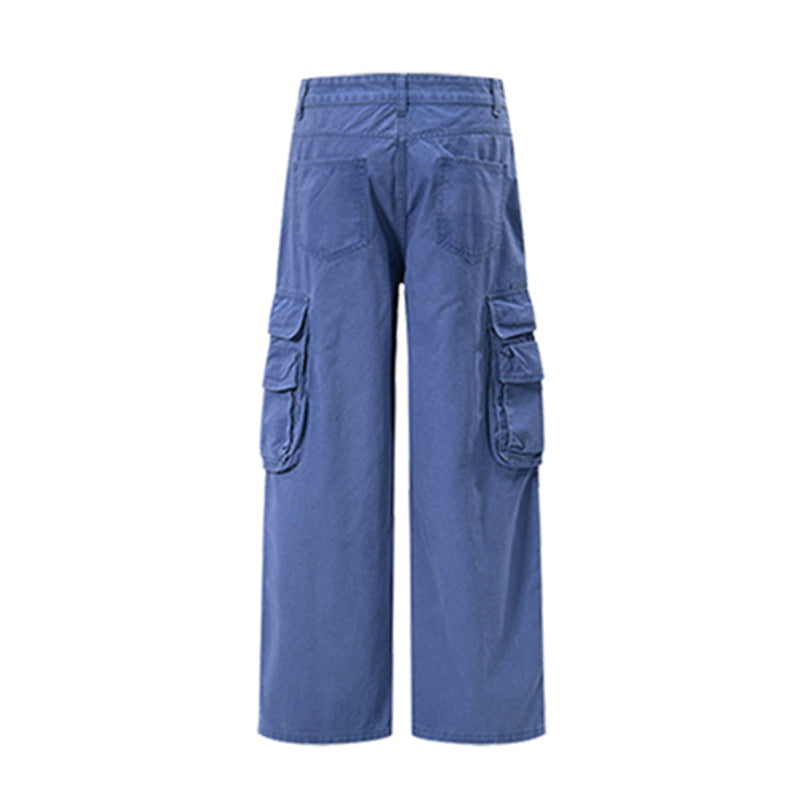 Pantalon cargo homme à jambes larges – Pantalon droit délavé à poches multiples