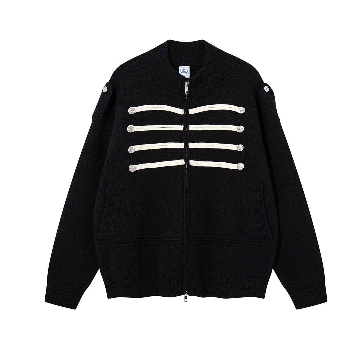 Military Knit Zip-Up Cardigan Sweater with Braided Cord & Button Detail