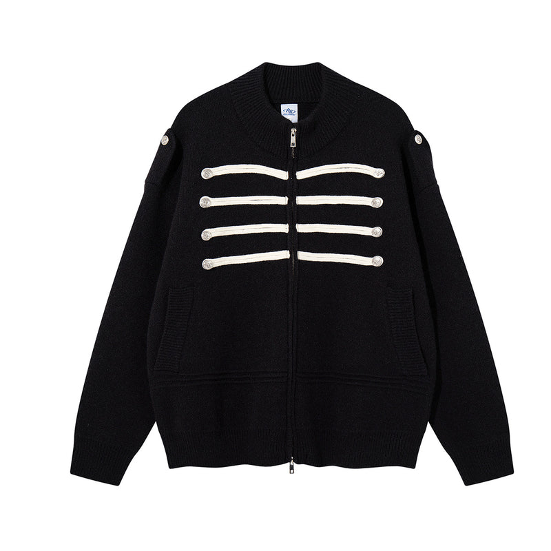 Military Knit Zip-Up Cardigan Sweater with Braided Cord & Button Detail