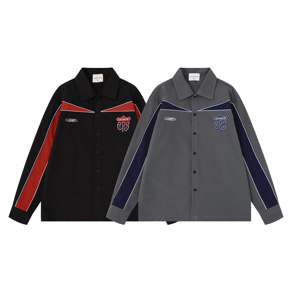 Colorblock Racing Long Sleeve Shirt – Relaxed Fit Moto-Inspired Button-Up