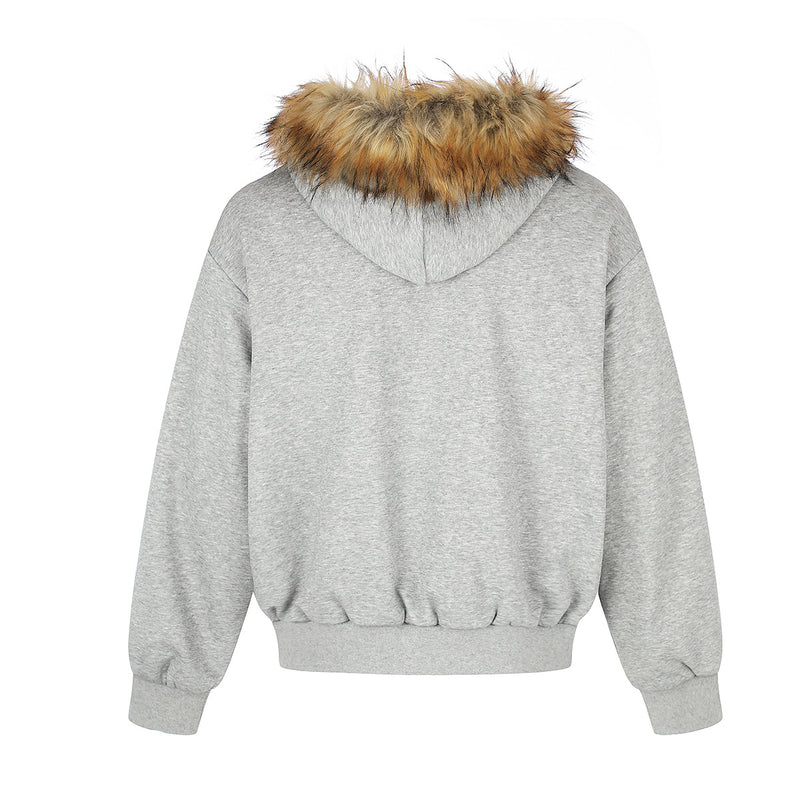 Faux Fur Trim Hooded Zip Jacket with Sherpa Lining & Buckle Detail