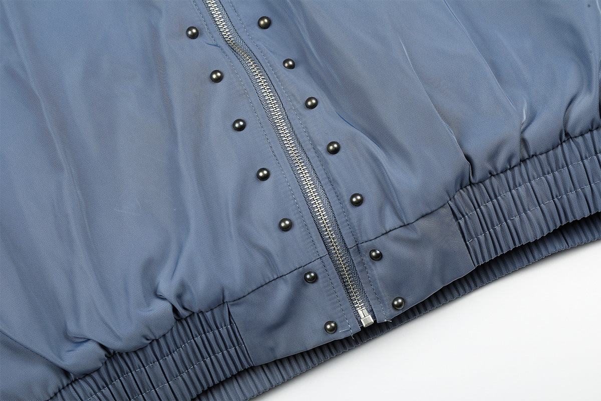 Studded Puffer Bomber Jacket with Faux Fur Hood