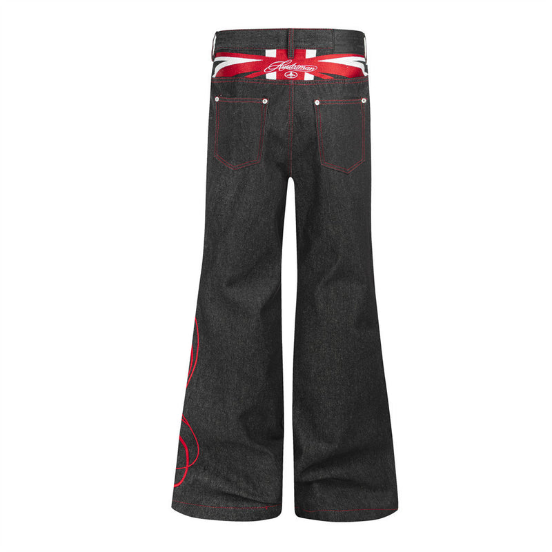 Herren-Flare-Jeans in Schwarz mit roter Script-Stickerei – Wide Leg aus Raw Denim